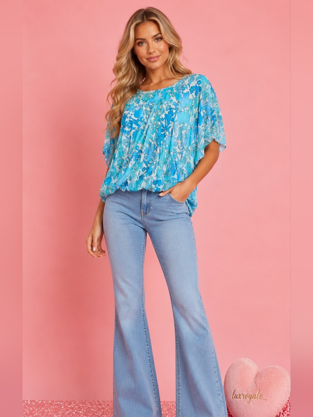 Jennifer Lopez Blue Floral Dolman Blouse Size Large Batwing Flowy Top
